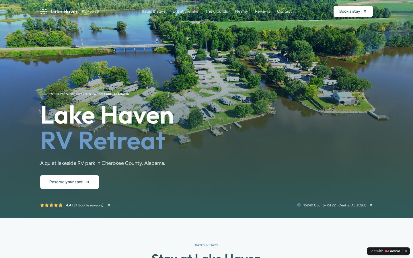Lake Haven RV Retreat website homepage on Weiss Lake, Alabama